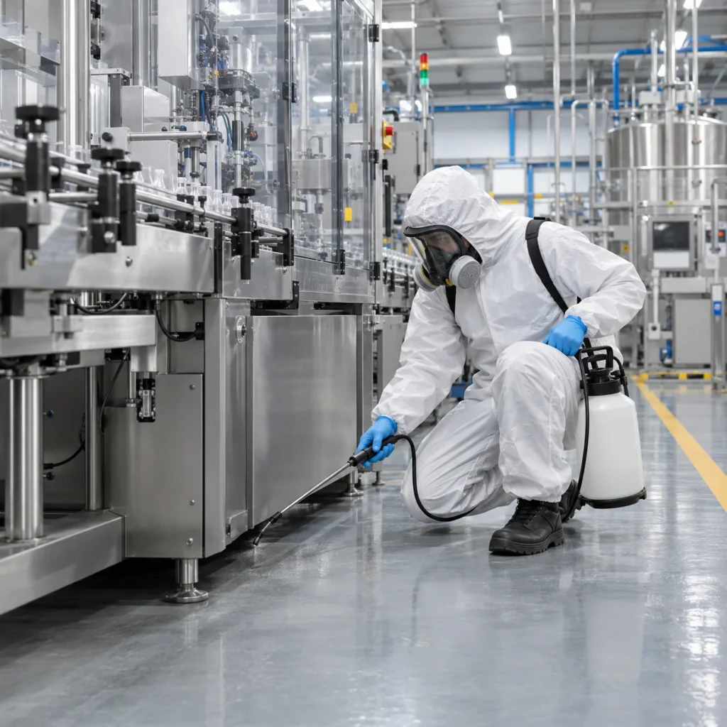 Técnico aplicando un tratamiento de control de plagas en una fábrica